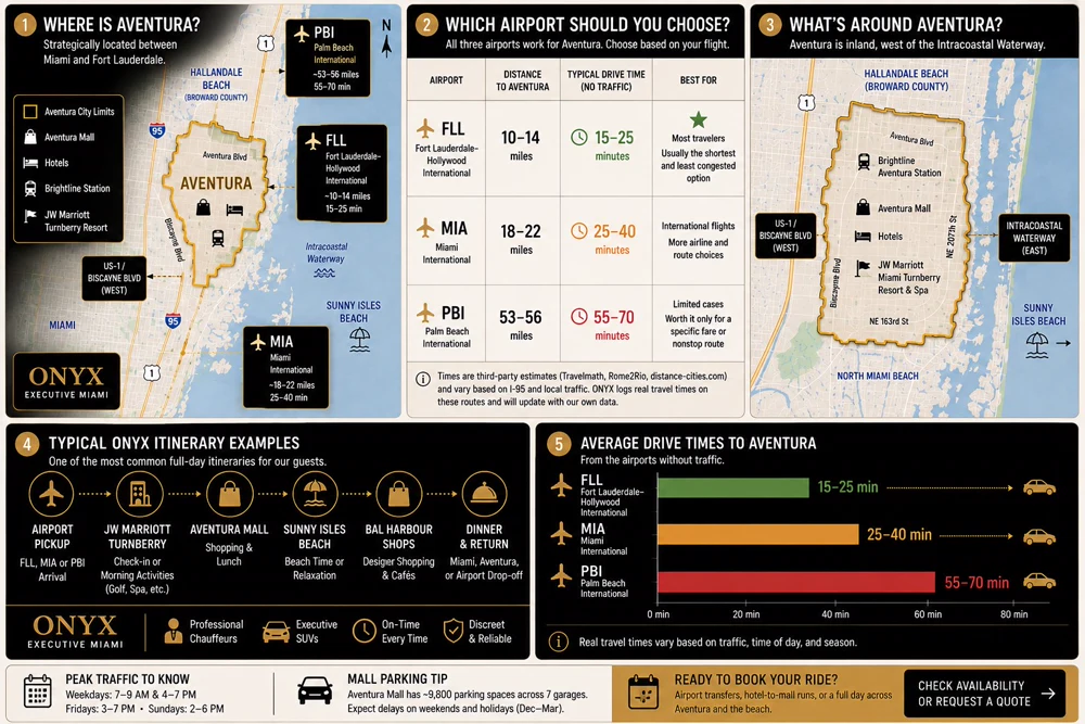 Guía de transporte en Aventura, Florida: mapa, tabla comparativa de aeropuertos e itinerario típico con chófer de ONYX