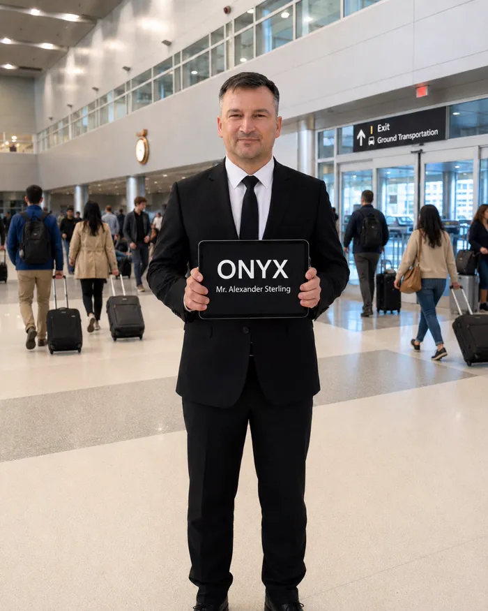 Chófer de Onyx con un cartel con el nombre en la sala de llegadas de un aeropuerto de Miami