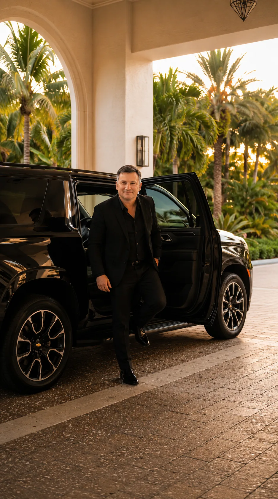 Founder of Onyx Executive Miami stepping from a black Chevrolet Suburban at a South Florida resort